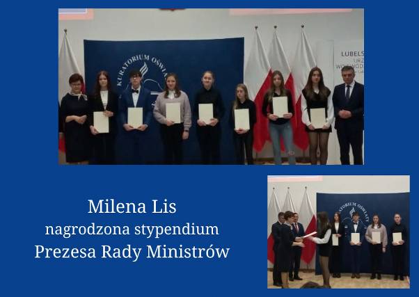 Milena Lis, uczennica I LO im. Władysława Jagiełły w Krasnymstawie - zdobywczyni stypendium Prezesa Rady Ministrów!