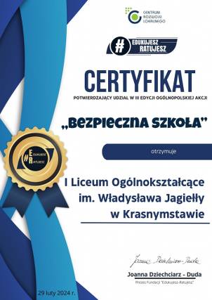 Współpraca dla bezpieczeństwa: Certyfikat „Bezpieczna Szkoła” dla naszego Liceum #edukujeszratujesz